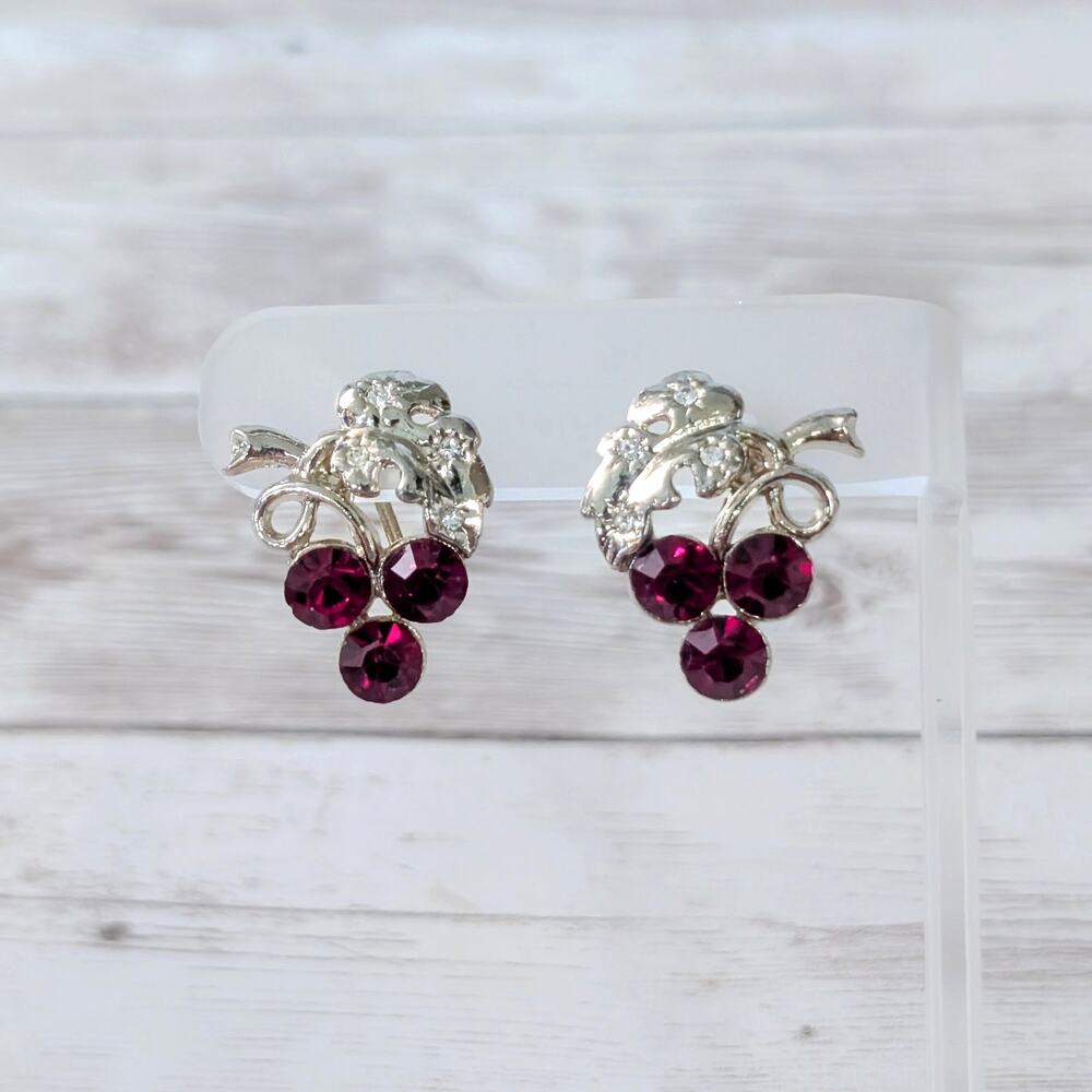Vintage Screw Back Earrings - Gold Tone with Red & Clear Gems Statement